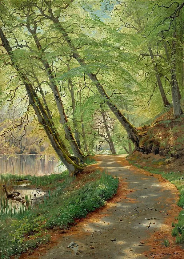 Peder Mørk Mønsted, Wooded path by a river, 1894: a sunlit dirt path curving beside a still river under tall beech trees